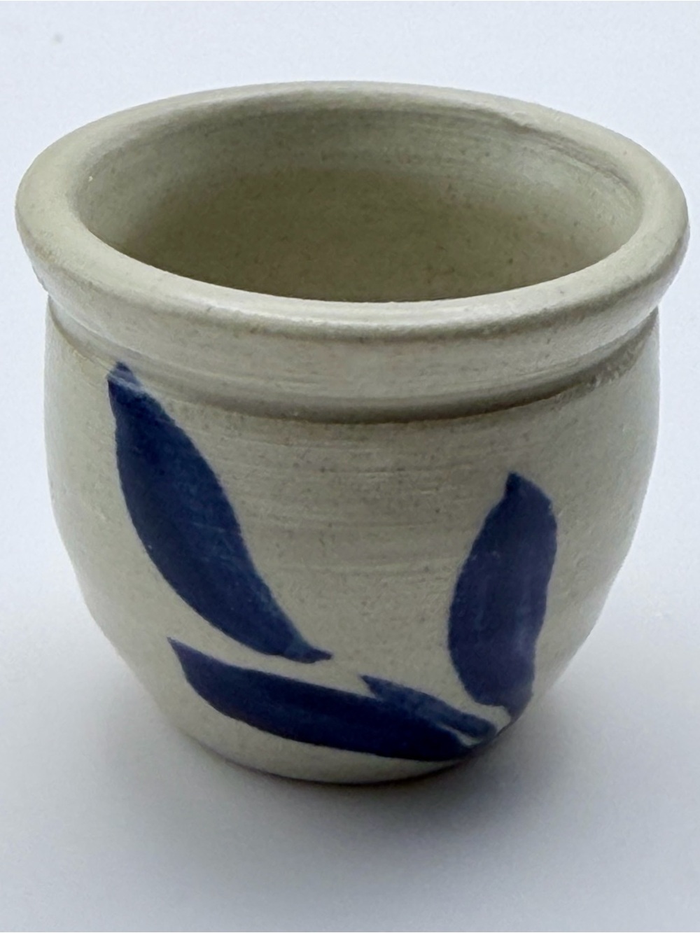Williamsburg Pottery Small Mini Pot Planter Gray Cobalt Blue Leaf Glazed 1.5”